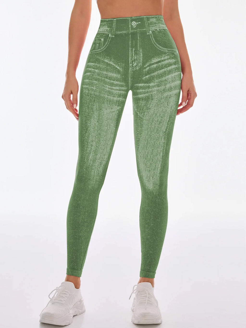 Women's Gym Printed Yoga Tight Pants Seamless High Waisted Denim-like Perforated Fake Pocket Tight Pants Yoga Fitness Leggings