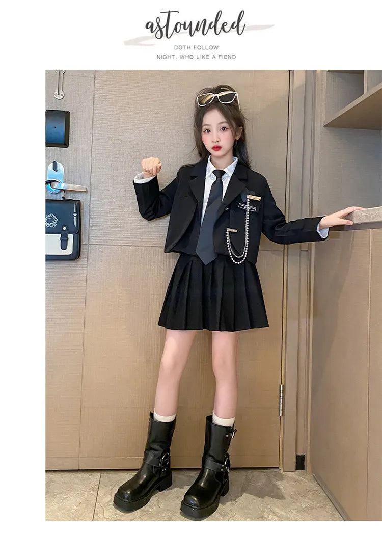 Junior Girl JK School Uniform Set Unique Formal Chain Smart Jackets and Pleated Skirt 2Pcs School Kids Child Uniform Blazer Suit