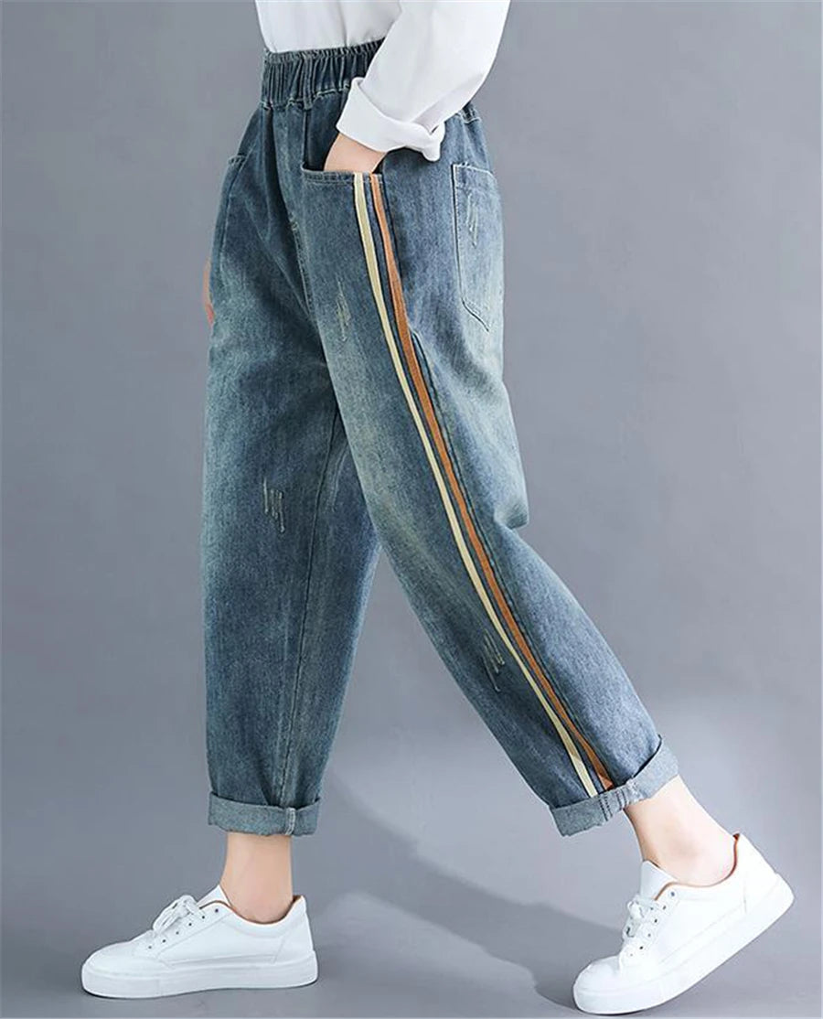 Light Blue Baggy Harem Jeans Mom Elegant Casual Elastic Waist 86-90cm Capris Denim Pants Korean Fashion Chic Cowboy Pantalones