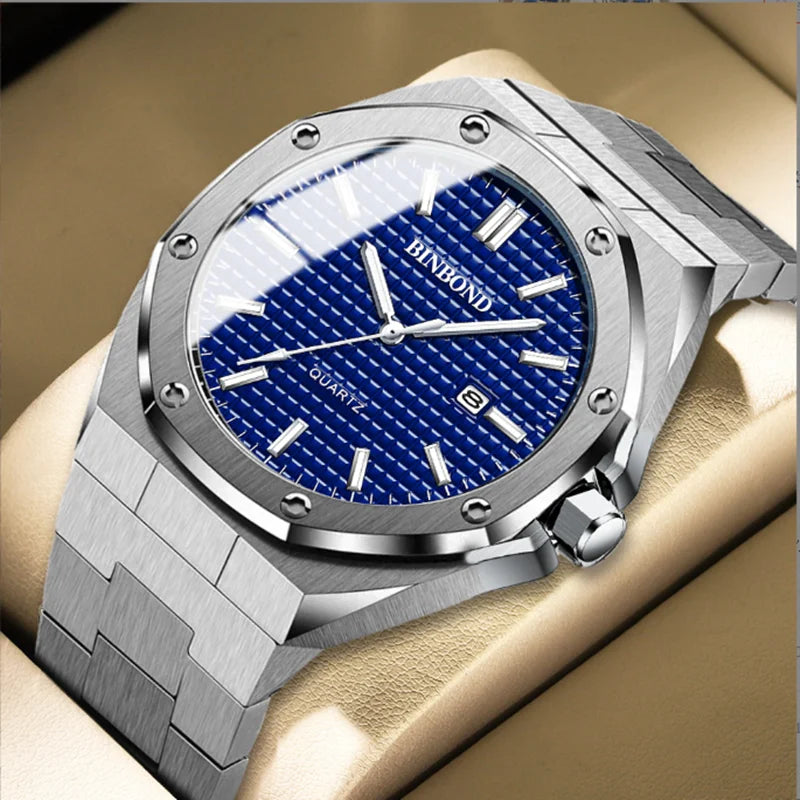 BINBOND 0233 Luxury Fashion Men's Quartz Watch Stainless Steel Large Dial Waterproof Night Light Men's Watch Clock