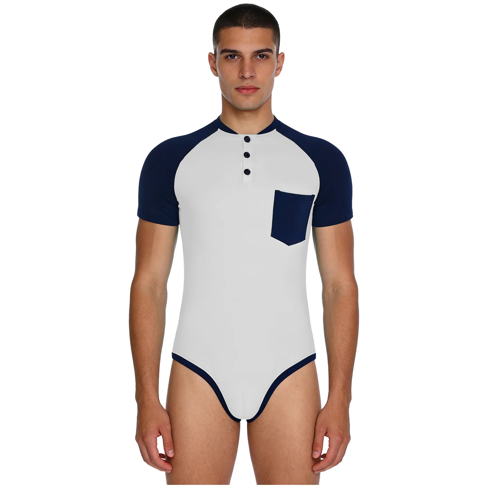 Men Workout Fitness Gym Sport Bodysuit Short Sleeve Openable Crotch Patchwork Jumpsuit for Workout Gym Sports Swimming Outfits