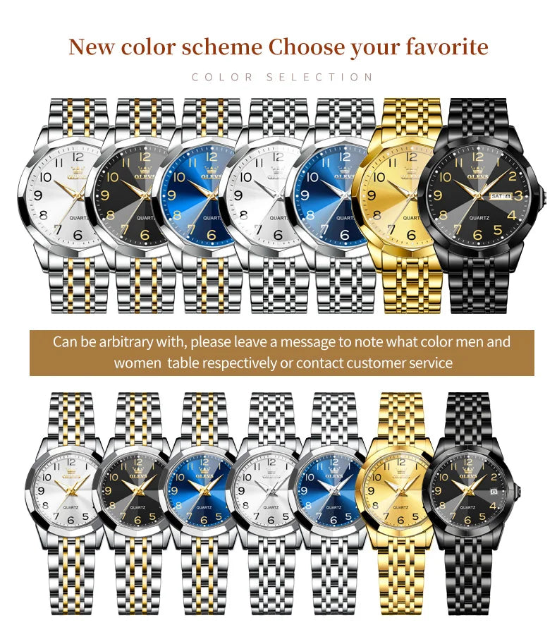 OLEVS 9970 Original Fashion Brand Quartz Couple Watch Luxury Stainless Steel Waterproof Glow Men's and Women's Gift Set Watch