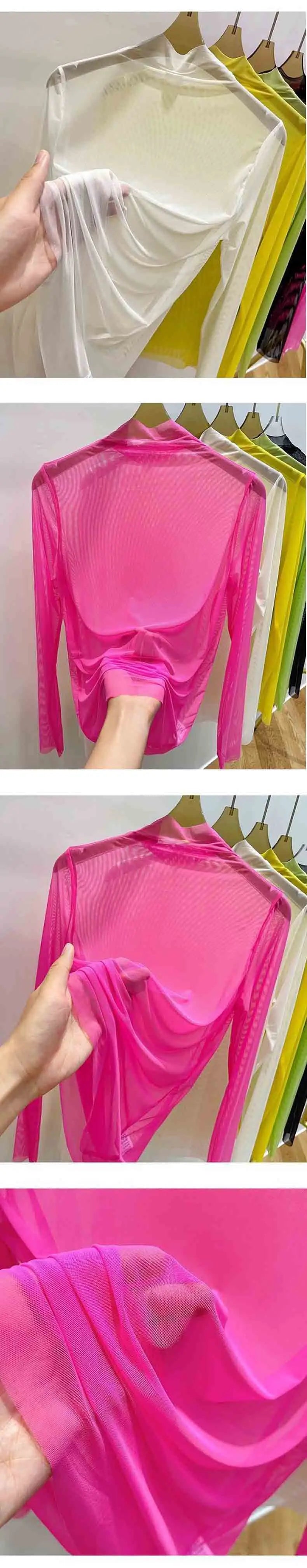 Transparent Gauze Bottoming T-shirt Women Clothing Summer Long Sleeved T-shirt with Gauze Shirt Half High Collar Sunscreen 2023