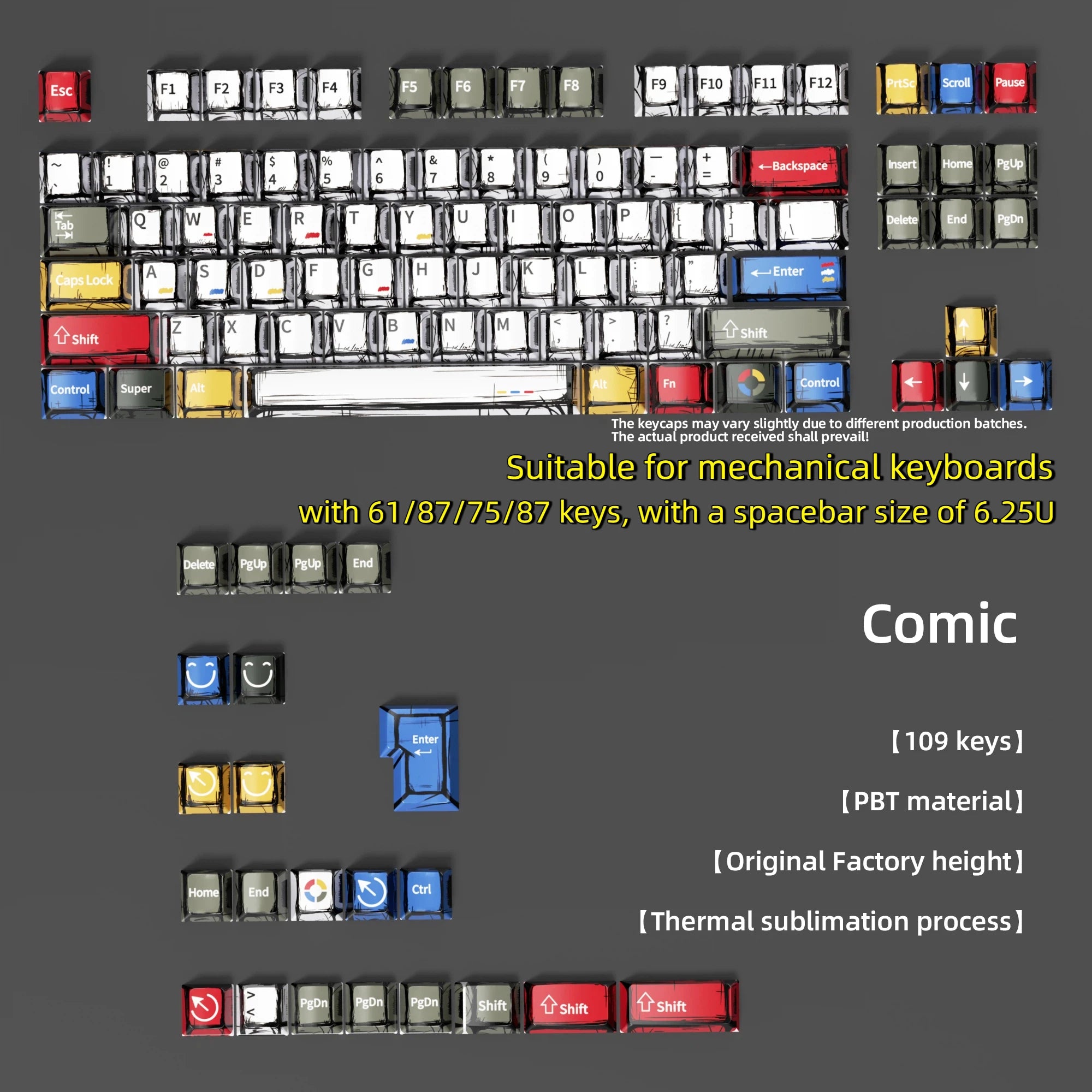Cartoon Style Thermal Sublimation Mixed-Color Keycaps Full-Size 109-Key Mechanical Keycaps Decorative Keycaps