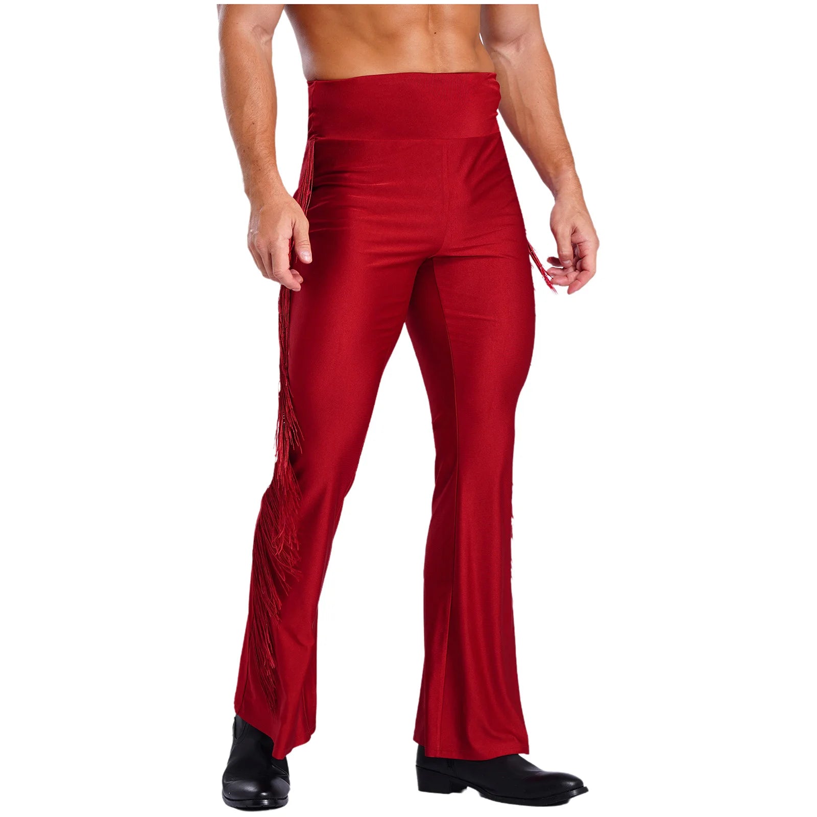 Mens Tassel Flared Pants Vintage Bell-Bottom High Waist Trousers for Jazz Latin Dance Stage Performance Club Disco Party Costume