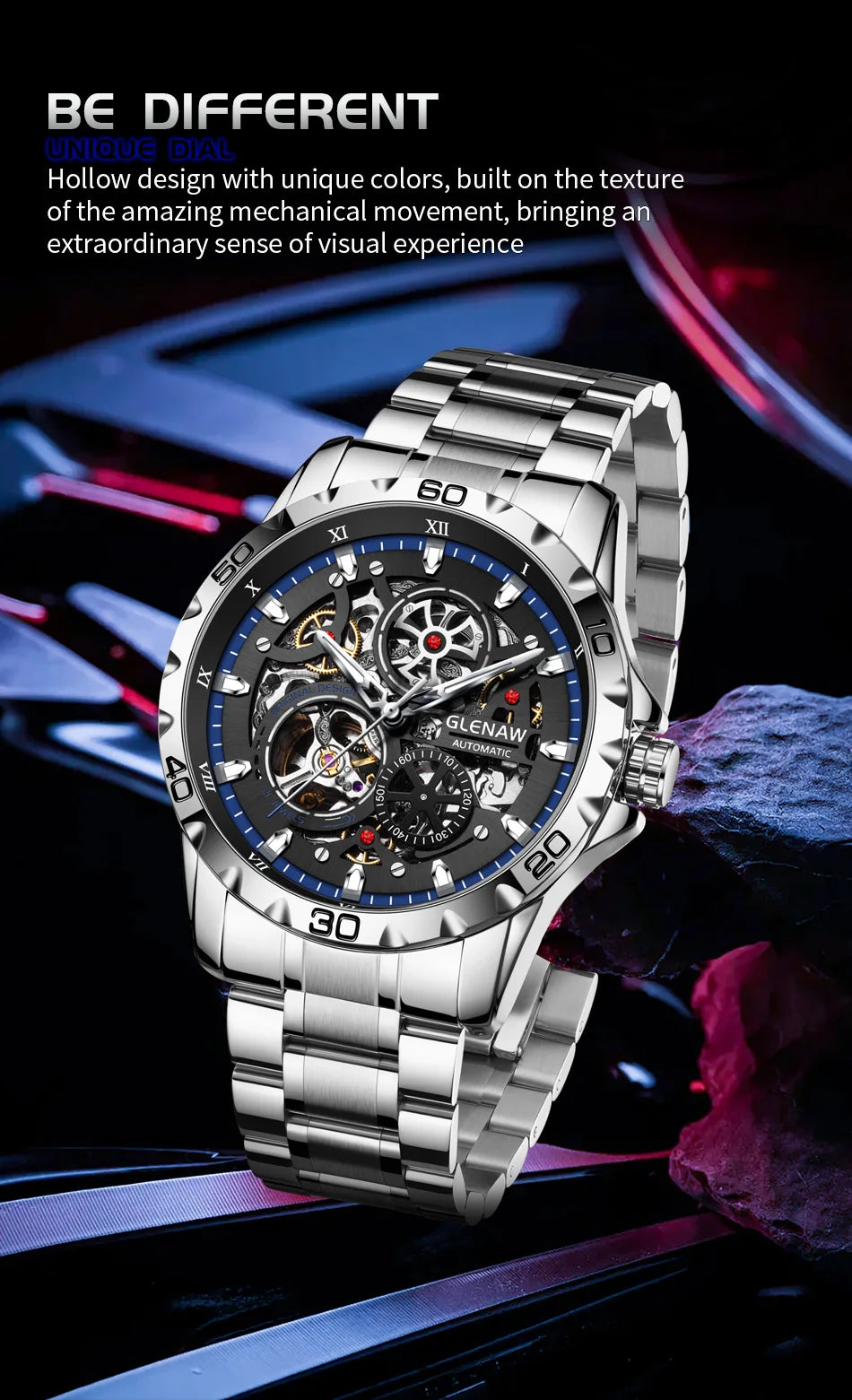 2025 GLENAW NEW Steampunk Skeleton Men Watch Luxury Automatic Mechanical Watches Luminous waterproof Stainless Steel Strap Watch