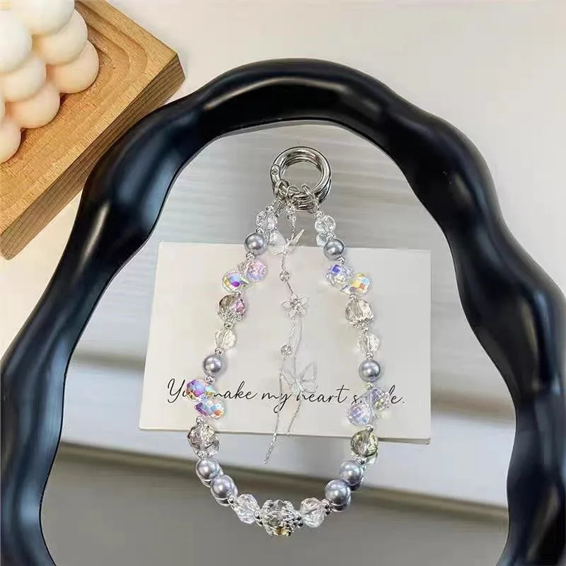 Luxury Sparkle Butterfly Rhinestone Bead Phone Bracelet Strap Charm Chain Knot Cellphone Lanyard Keychain Bag Camera Keychain Pe
