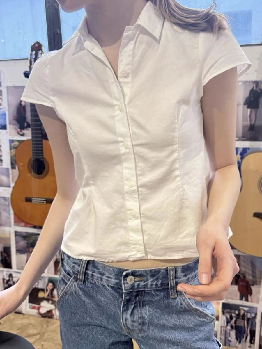 Back Lace-up White Blouse Women Peter Pan Collar Slim Short Sleeve Blouses Summer Casual Simple Sweet Chic Y2k Top Shirts Femme