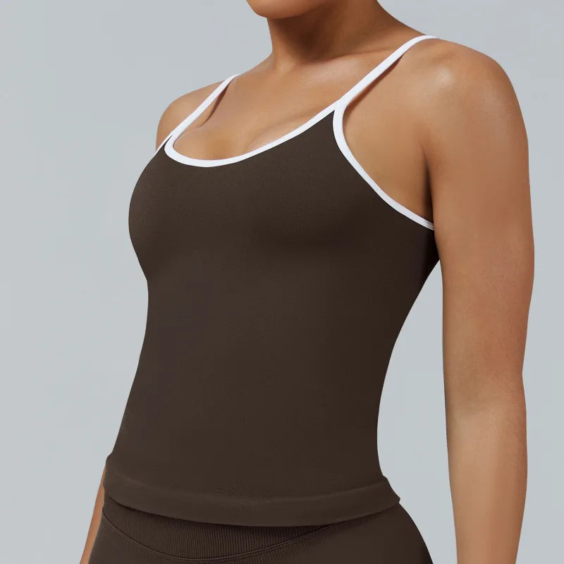 Women Color Blocking Gym Sports Short Tops Summer Yoga Fitness Sexy Backless Knit Camis with Chest Cushion Suspender