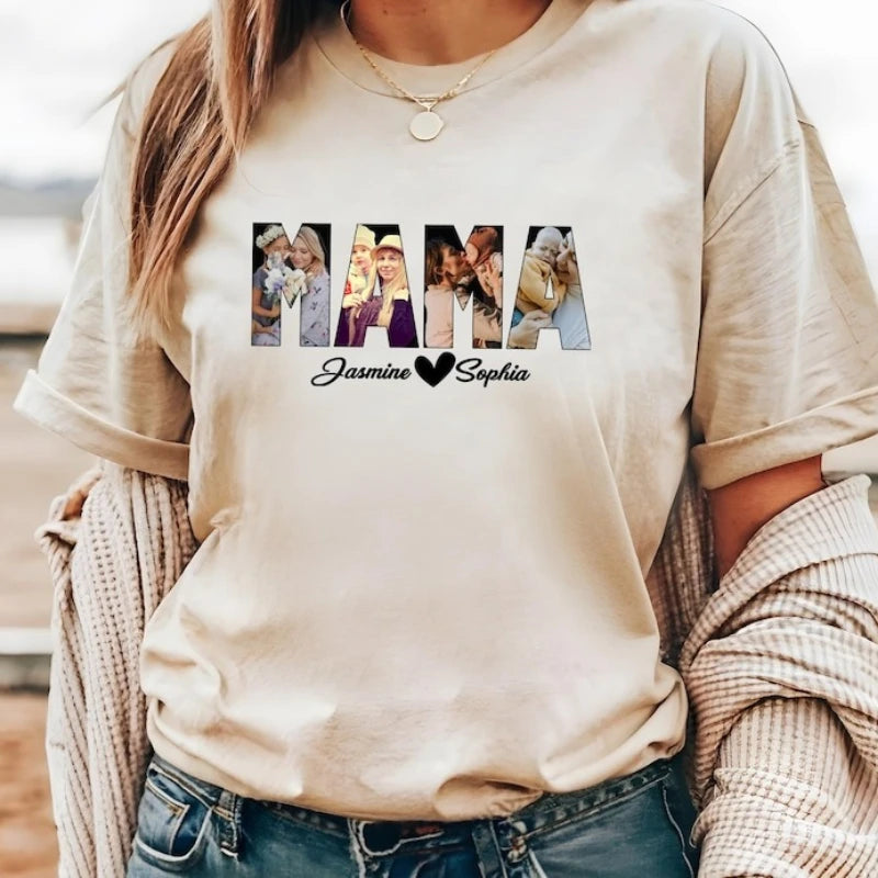 With Kids Name Custom Photo Mama Shirt Personalized Mothers Day Gift Best Mom Ever Birthday Fashion Casual Printed T-shirt Tops