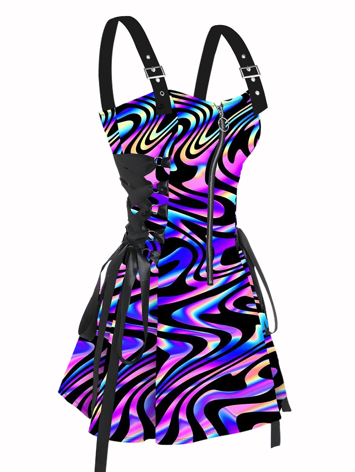 Dressfo 2025 Women's Dress Colorful Textured Graphic Print O-Ring Half Zipper Adjustable Buckle Shoulder Strap Sleeveless Dress