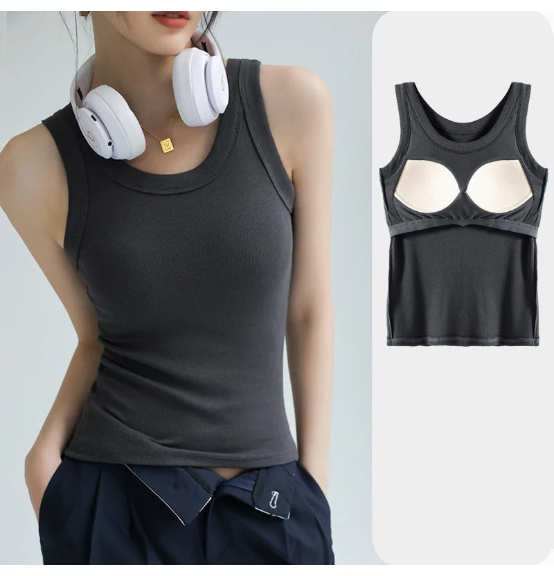 Women Thread Tank Tops With Built In Bra Padding Summer 2025 Trend Solid Outerwear Camisole Stretch Sleeveless White Tops Women
