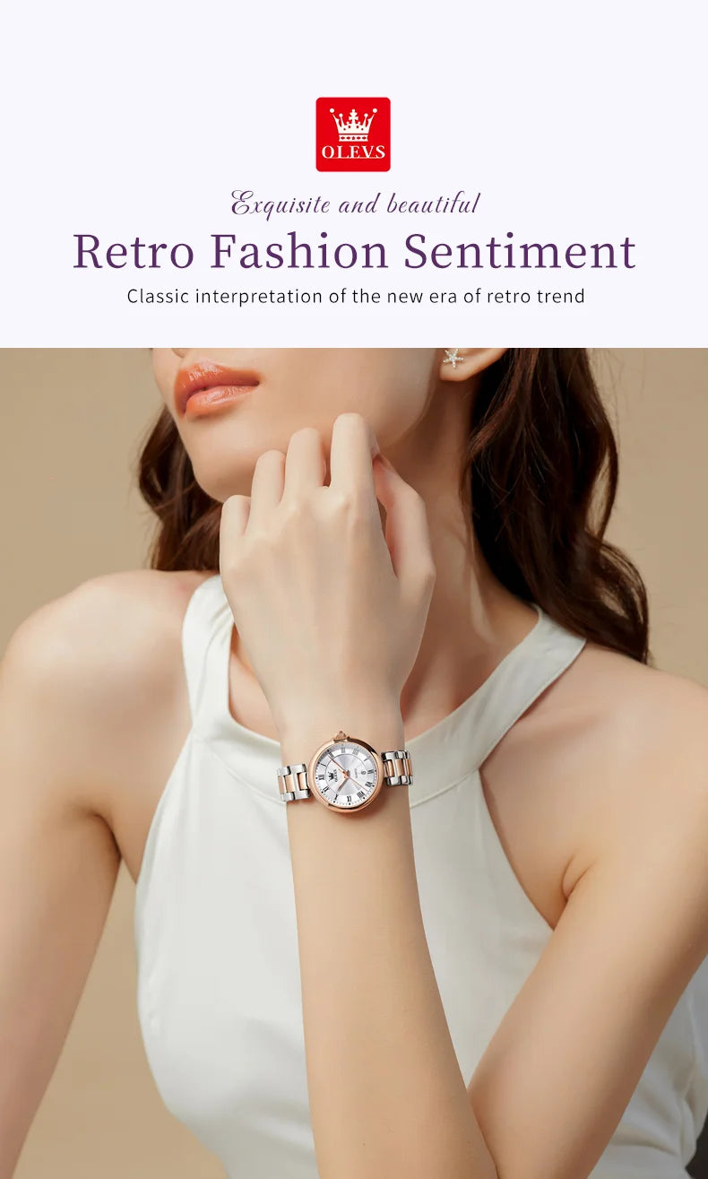 OLEVS 5608 Retro Style Quartz Watch for Women Elegant Steel Strap Auto Date Waterproof Luminous Luxury Ladies Wristwatch