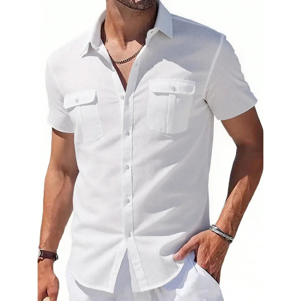 Men's Double Pocket Short Sleeve Shirt Cotton Linen Casual Vacation Beach Shirt Lightweight Streetwear Solid Color Slim Fit Tops