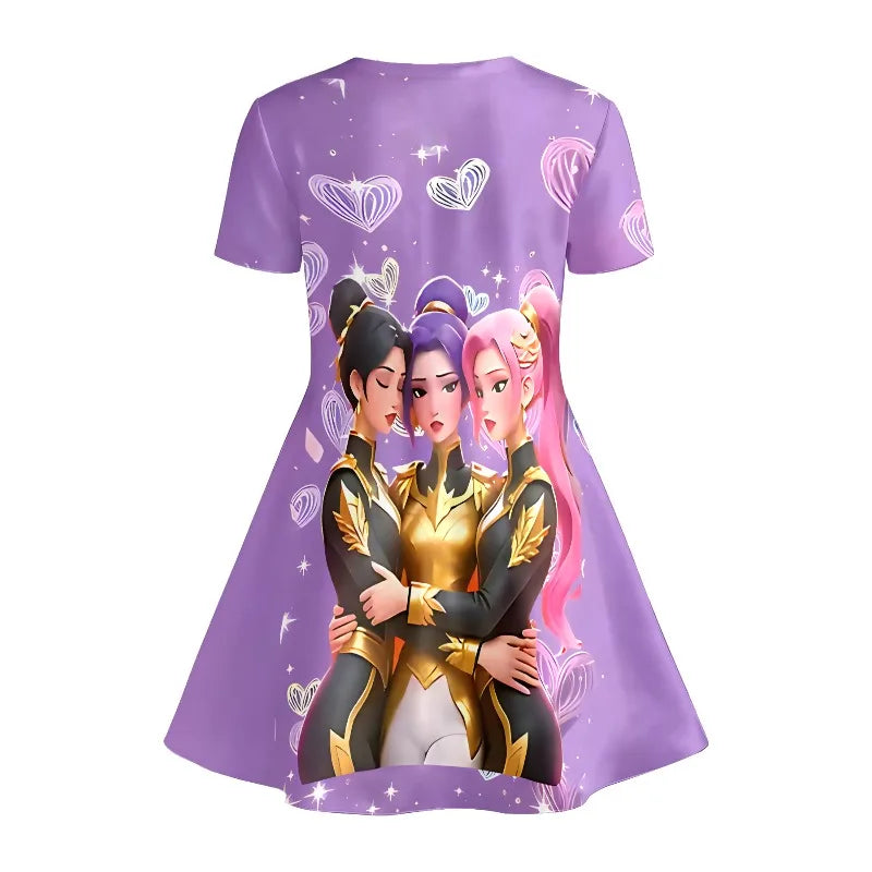 Girl Anime Girl Group Printed T-shirt Dress, Children's Party Purple Heart Casual Dress Suitable for Birthday Gifts