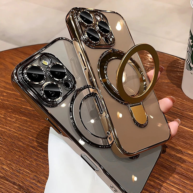 for Magsafe Bracket Plating Case for iPhone 16 15 14 Pro Max Plus 13 12 Magnetic Stand Ring Holder Transparent Shockproof Cover
