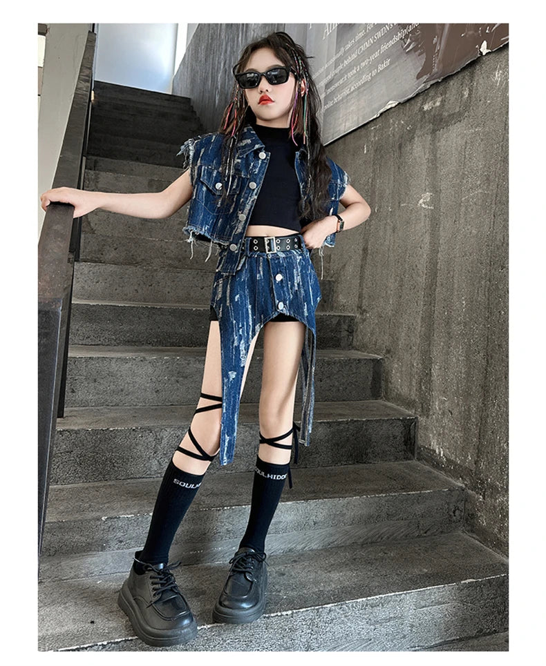 junior Girls Street Jazz Dance Set short denim vest jacket+Irregular skirt black top shorts belt teen girls clothes suit outfits