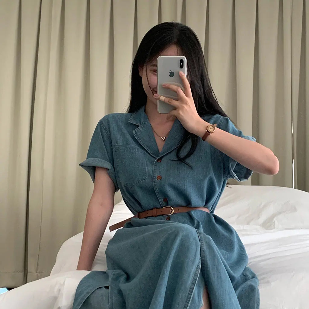Slimming Chic Retro Chic Long Dr with Belt High Waist A-Line Skirt ort Sve Korean Sle Commute Dr Denim Dr