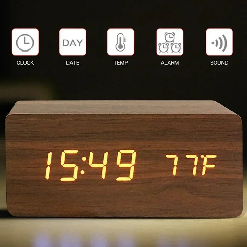 Digital Alarm Clock Wooden LED Table Clock with Temperature for Bedroom Office Travel Desk Decorations