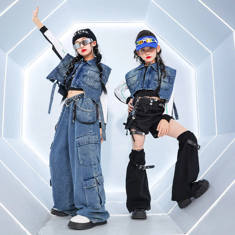 junior girls Hip hop Street Dance Jazz Clothes Set Vest Short hoodie Cagro Pants (short) Streetwear junior Child Kid outfits 170