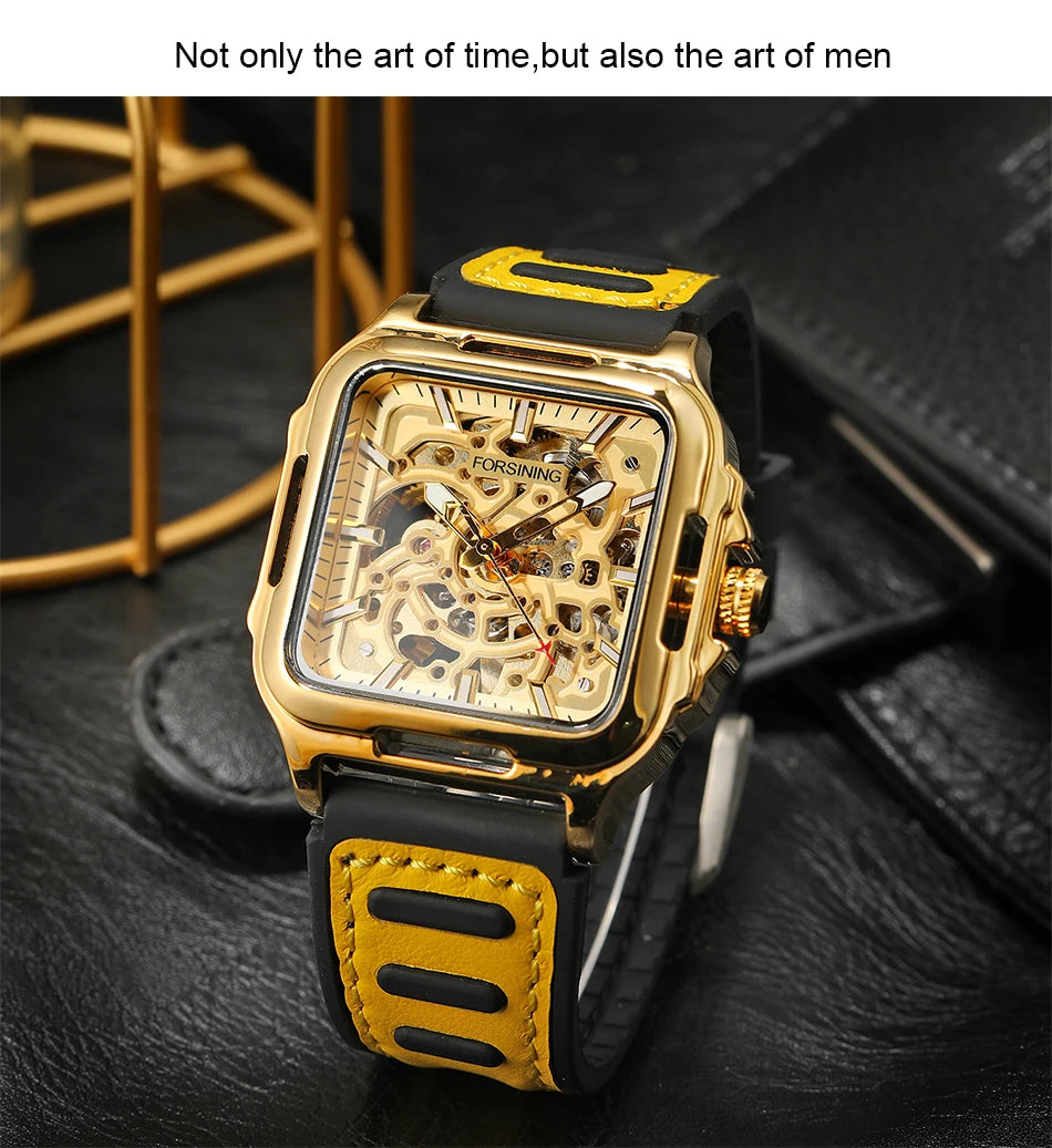 FORSINING Original Square Skeleton Mechanical Man Wristwatches Automatic Movement Field Sports Waterproof Silicone Replica Watch
