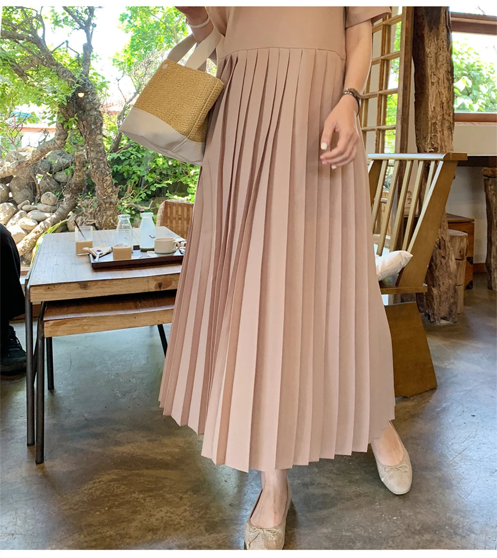 Summer 2024 Korean Sle Loose Slimming ort Sve Chiffon Pleated Long Dr Women's Casual Knee-Over Maxi Dr
