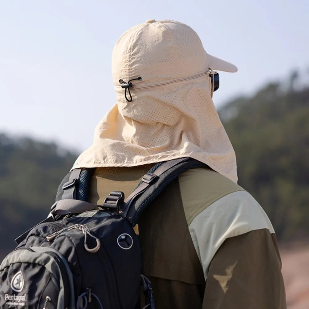 Portable Face Mask Man Sun Hat Mesh Breathable Sun-cream Bucket Hat Detachable Shawl Wide Brim Outdoor Fishing Cap Man Woman