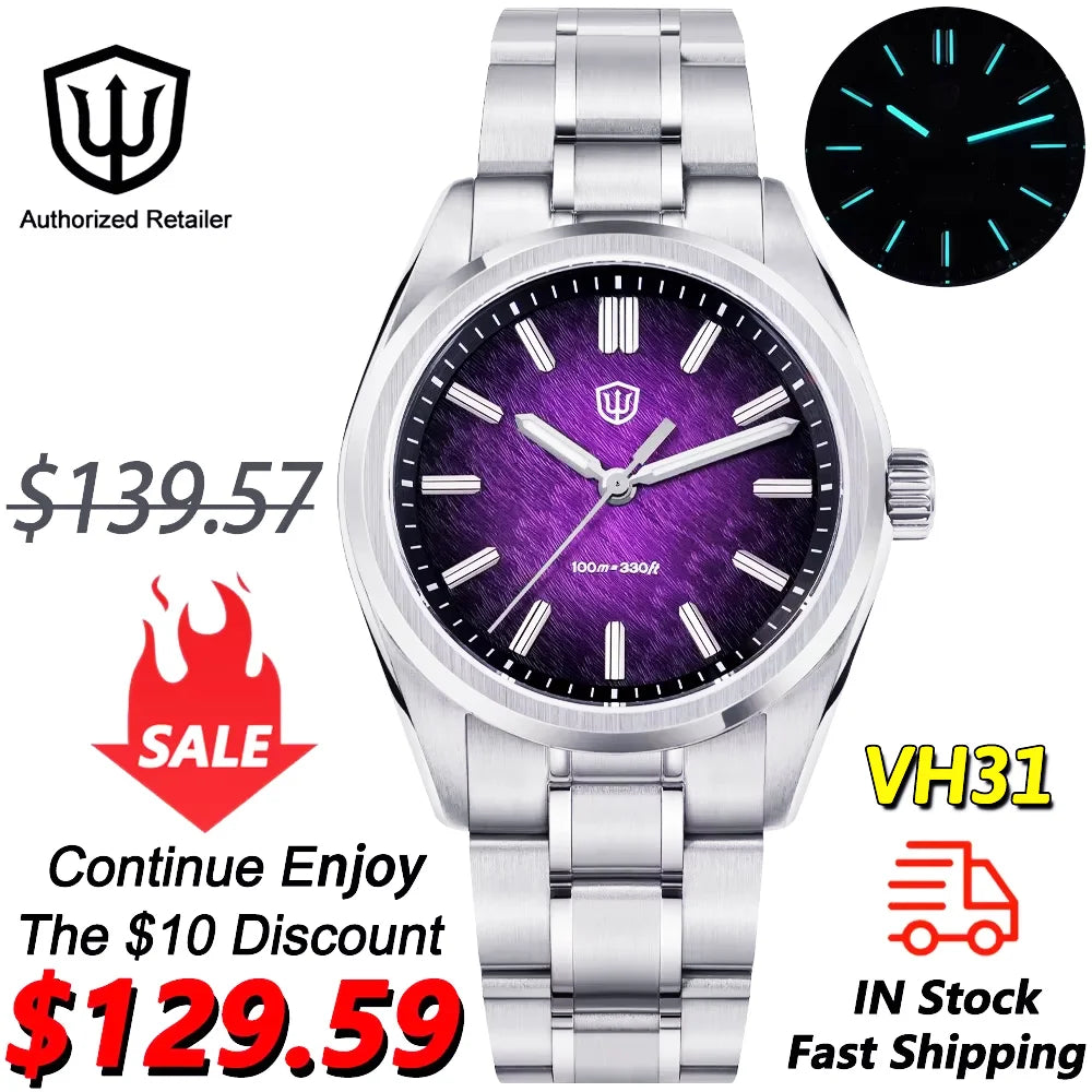 Watchdives New WD0003B ‌Aventurine Dial Watch VH31 Sweep Movement Sapphire Crystal Luminous 100m Waterproof 36mm Vintage Watche