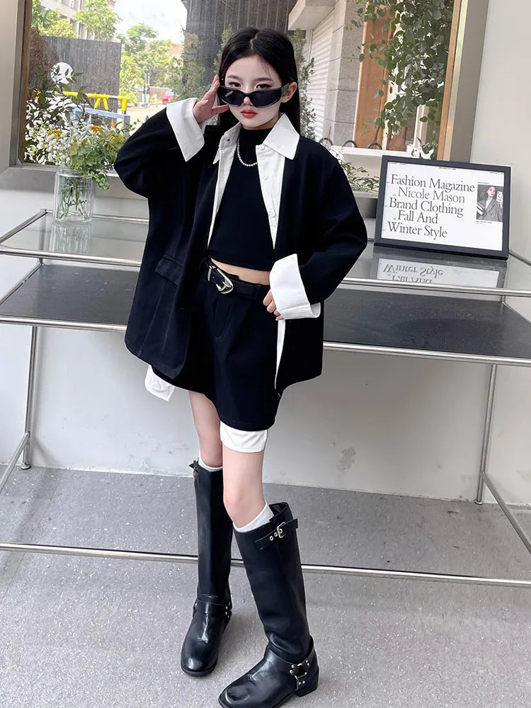 Girls' Suit Set Ages 5-14 Trendy Spliced Two-Piece Outfit with Jacket And Short Skirt for Children's Fashion Shows Machine Wa...