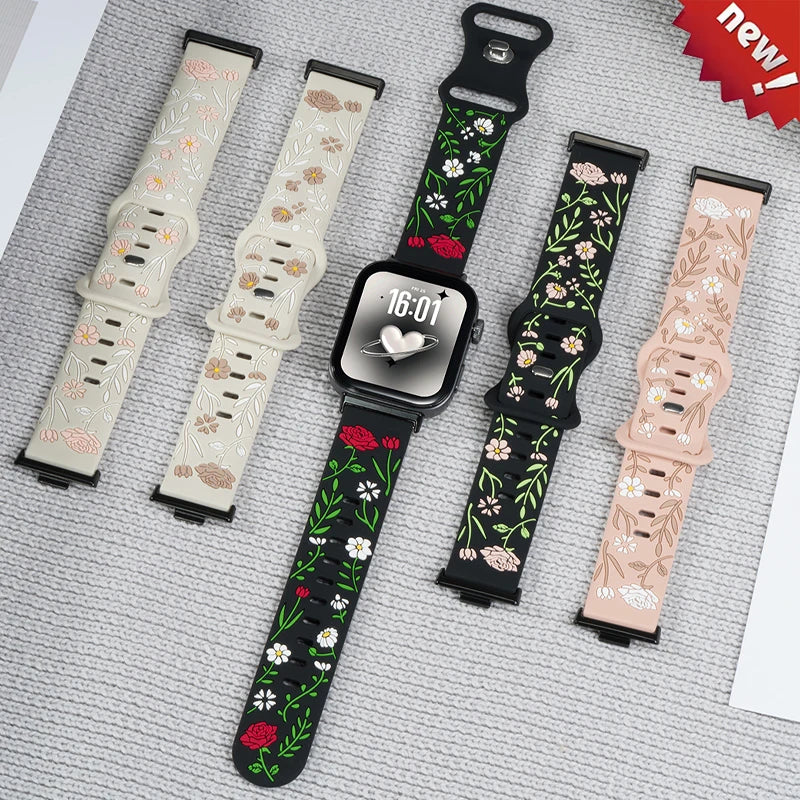 Engraved Rose Watchbands For huawei watch fit 4 pro/4/3 strap smart wristband Girl Woman Silicone bracelet For Huawei fit2 fit1