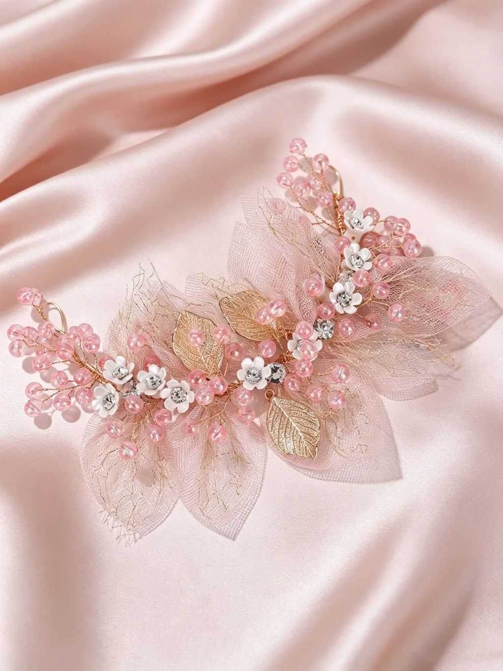 Bridal Wedding Pearl Headpiece Hair Chain Hairband Hair Accessory Pink Tulle Pearl Headpiece Girls' Performance Hair Accessory