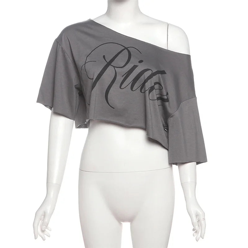 SylCue Letter Print Oversized T-shirt Women Skew Collar Short Sleeves Off Shoulders Irregular Hem Hip-hop Style Trend Crop Tops