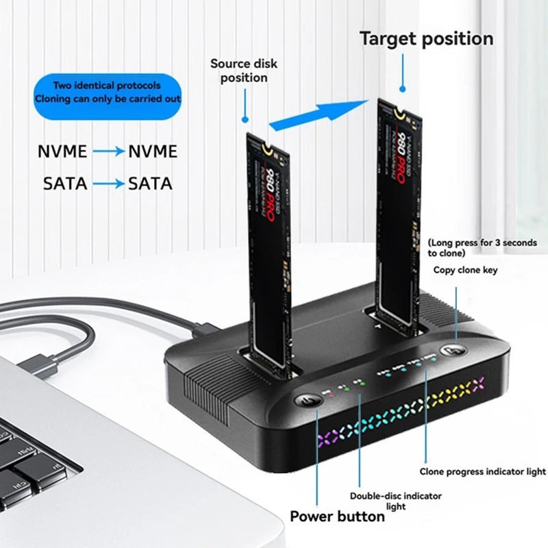 M.2 NVMe/SATA Dual-Bay Hard Drive Docking Station Offline Clone Hard Disk M.2 SSD Duplicator USB3.2 GEN2 SSD Adapter Enclosure