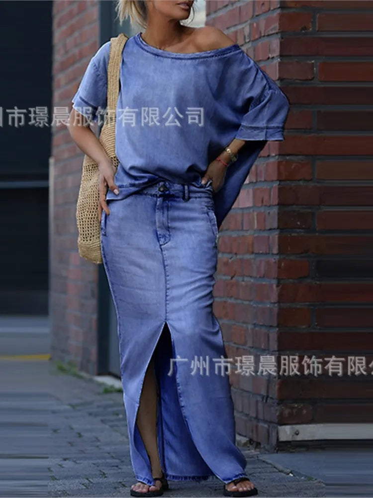 Denim Blue Fashion Split Skirt 2 Piece Set Casual Loose Off-the-shoulder Top + Slim Elegant Pencil Skirt Two-piece Set Women's