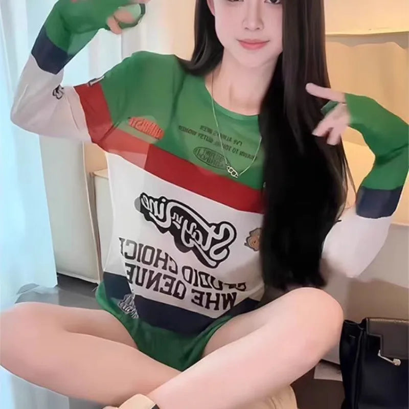 Sunshield Mesh T-Shirt Women's Base Layer Elegant Innerwear Summer Long-Sleeve Thin Cover-Up 2025 New Street Style Collection