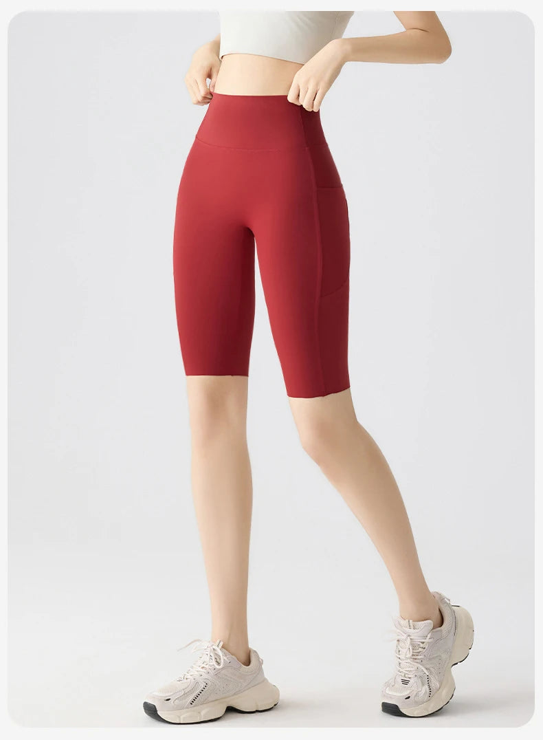 BIVIGAOS Summer Pocket Yoga Sharkskin Bicycle Shorts Women Thin High Waist Push Up Naked Feeling Sports  Fitness Cycling Shorts