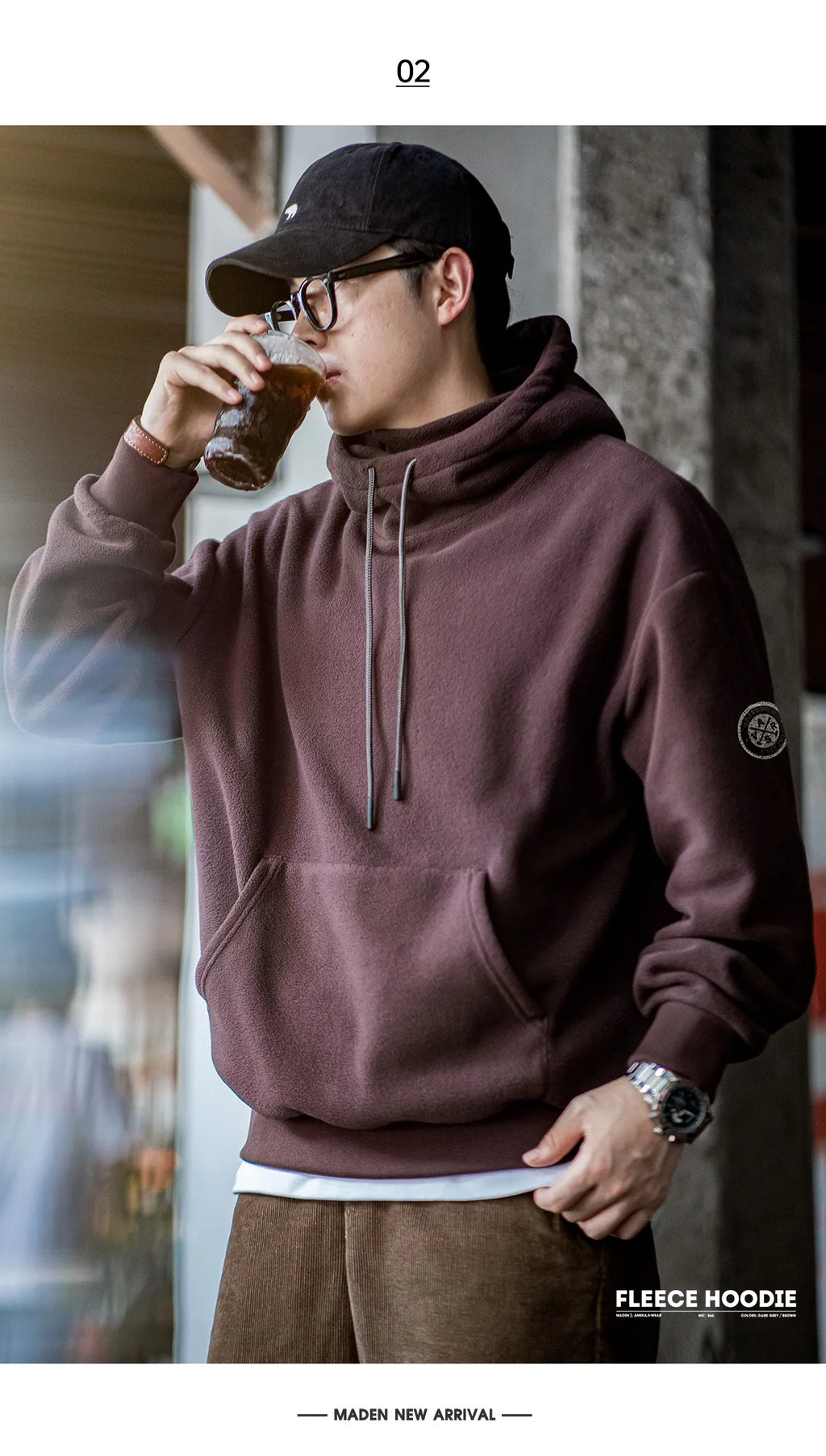 Maden Casual Polar Fleece Hooded Sweatshirt Solid Color Windproof Pullover with Face Mask Warm Tops for Men's Fall and Winter