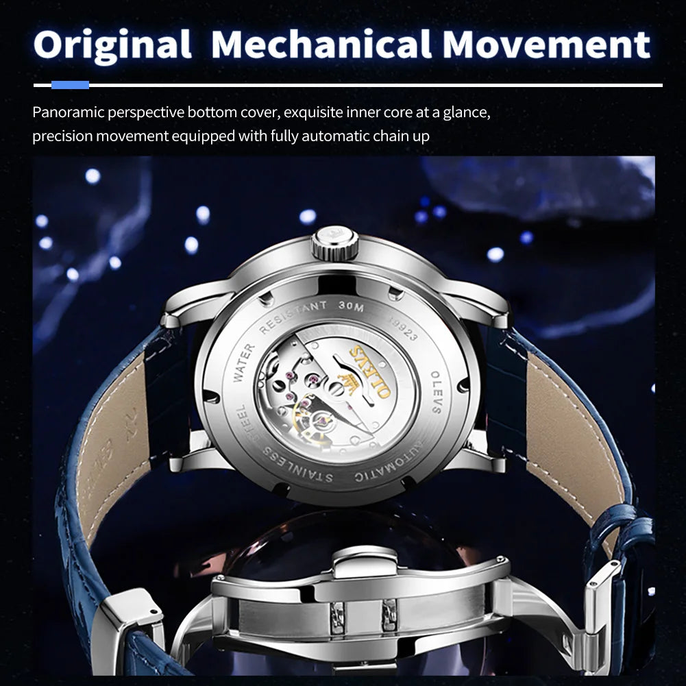 OLEVS 9923 Mens Watch Luxury Original Automatic Mechanical Watch Leather Strap Waterproof Luminous Starry Dial Watch For Men
