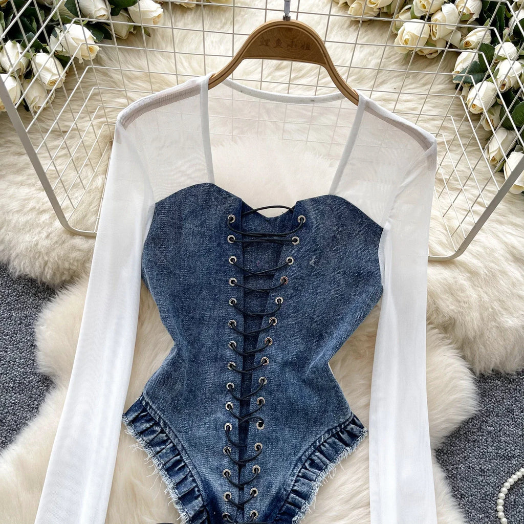 2025 New American Retro Patchwork Sexy Blouse Women Squre Neck Long Sleeves Sheer Top Streetwear Ins Lace Up Denim Shirt