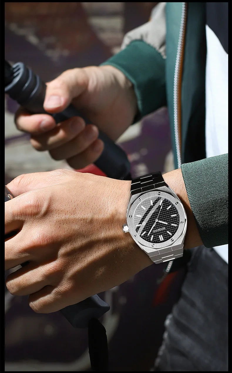 BINBOND 0233 Luxury Fashion Men's Quartz Watch Stainless Steel Large Dial Waterproof Night Light Men's Watch Clock