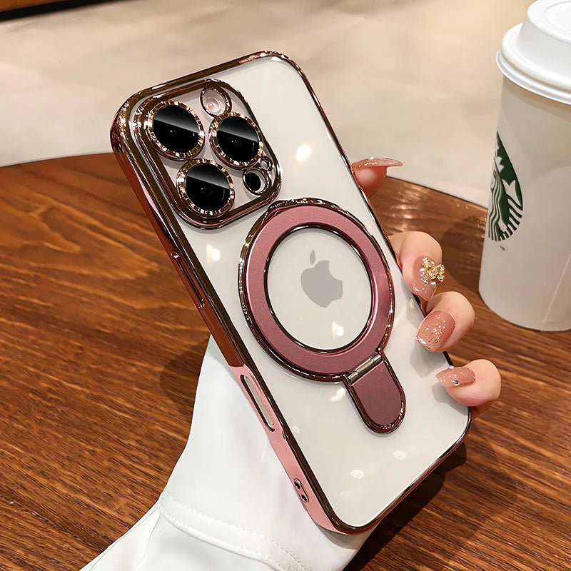for Magsafe Bracket Plating Case for iPhone 16 15 14 Pro Max Plus 13 12 Magnetic Stand Ring Holder Transparent Shockproof Cover