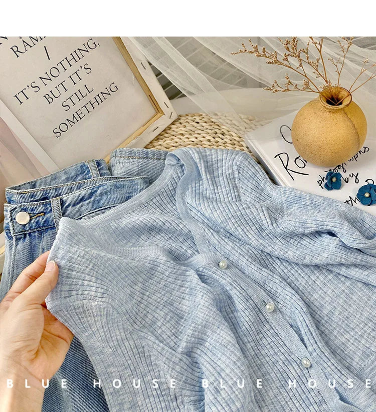 2026 Spring Summer Gentle Ruffle Trim Long Sleeve Ice Silk Sunscreen Knitted Cardigan Women Short Pearl Button Thin Casual Coat