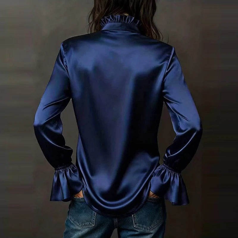 Elegant Blouses For Women Spring Autumn Satin Shirt Women Fashion Flare Long Sleeve Button Silk Blouse All Match Office Lady Top