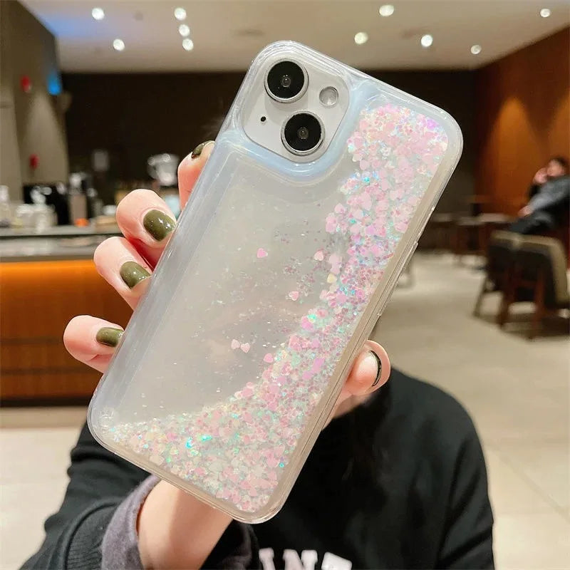 Sequins Transparent Liquid Phone Cover for iPhone 15 14 16 Pro Max Case Shell Dynamic Floating Dots Hard Funda Quicksand Carcasa