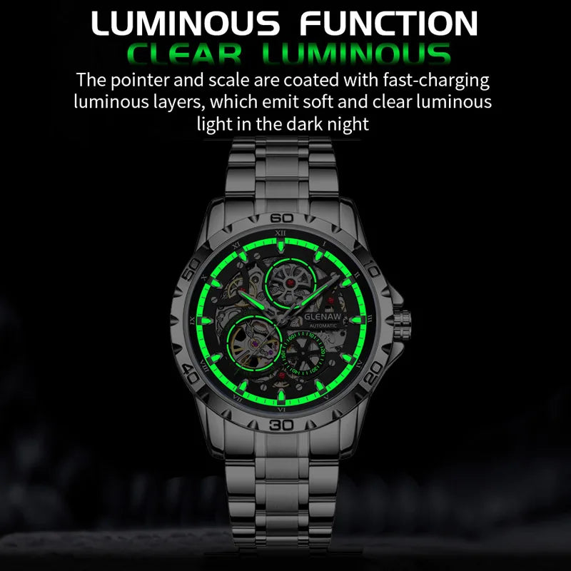 2025 GLENAW NEW Steampunk Skeleton Men Watch Luxury Automatic Mechanical Watches Luminous waterproof Stainless Steel Strap Watch