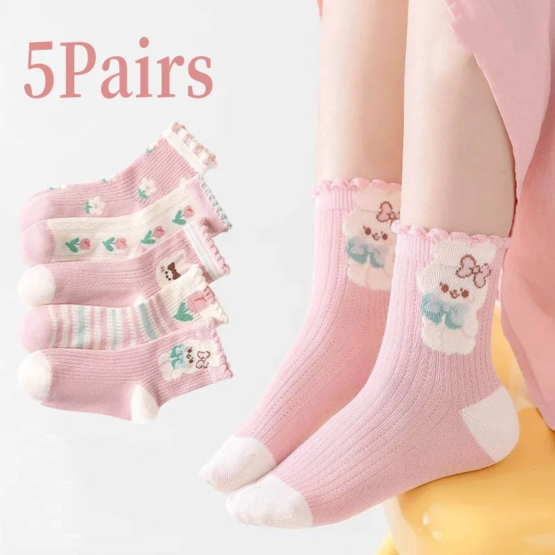 RAISE YOUNG 5Pairs/Lot Purple Children Girls Mesh Socks Bow Flower Print Babys Girls Summer Socks Animal Pattern Kids Girl Socks