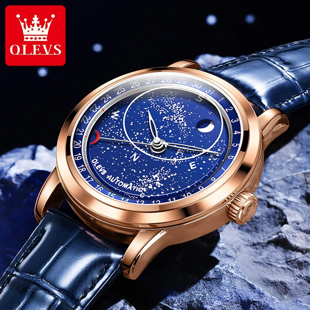 OLEVS 9923 Mens Watch Luxury Original Automatic Mechanical Watch Leather Strap Waterproof Luminous Starry Dial Watch For Men
