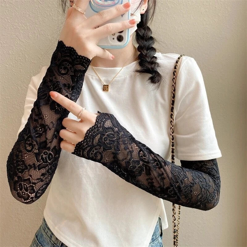 Long Lace Gloves Gothic Thin Hollow Fingerless Gloves Women Sun Protection Sleeves Oversleeve Mesh Arm Sleeve Sunscreen Mittens
