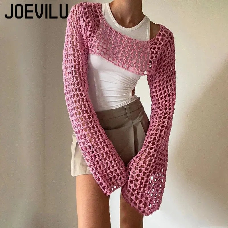 JOEVILU Cropped Knit Top Oversized Slimming Mesh Sunscreen Cover-Up Women's Thin Long Sleeve Breathable Sun Protection Blouses