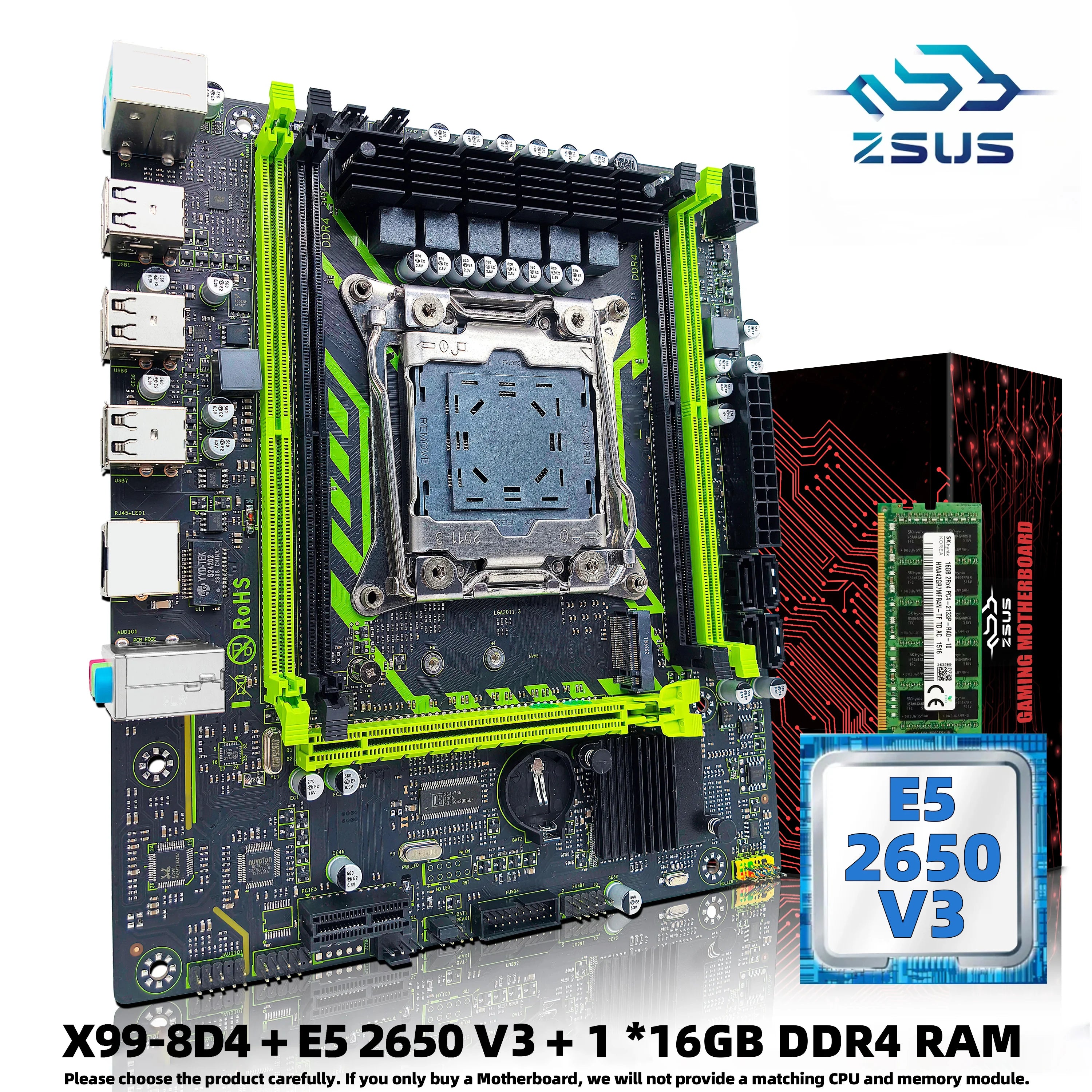 ZSUS X99-8D4 Motherboard Set Kit With LGA2011-3 Xeon E5 2650 V3 CPU DDR4 16GB (1*16GB) 2133MHZ RAM Memory NVME M.2 SATA